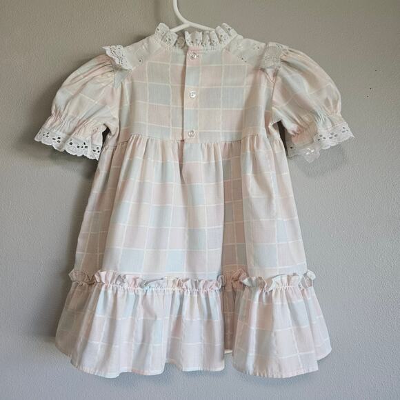 Vtg Sears Dress Girls 2T Pastel Plaid Lace Puff Sleeve Ruffle Easter Cottagecore - Picture 3 of 10